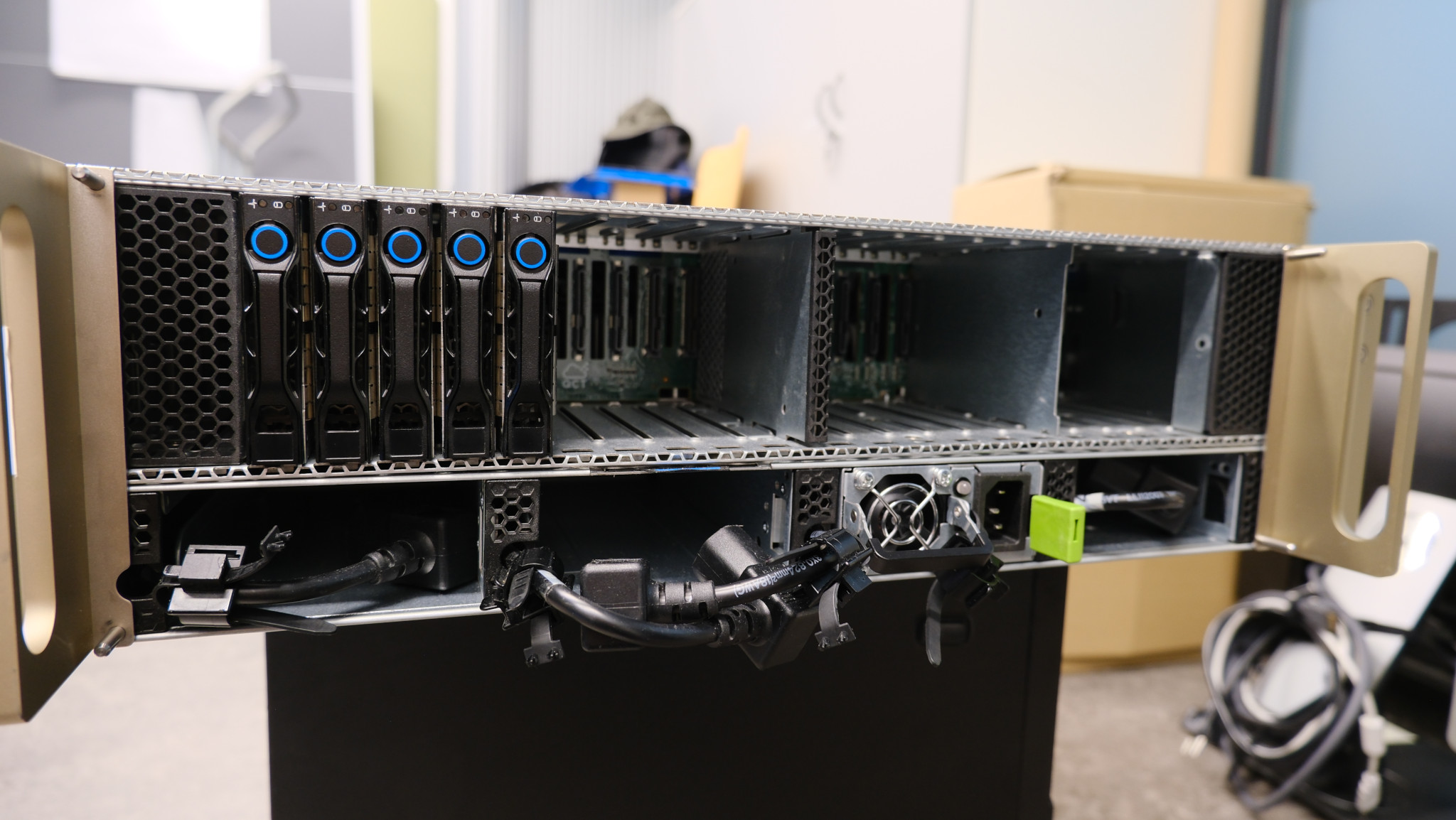 Front of a server showing rows of hot-swap hard drive bays